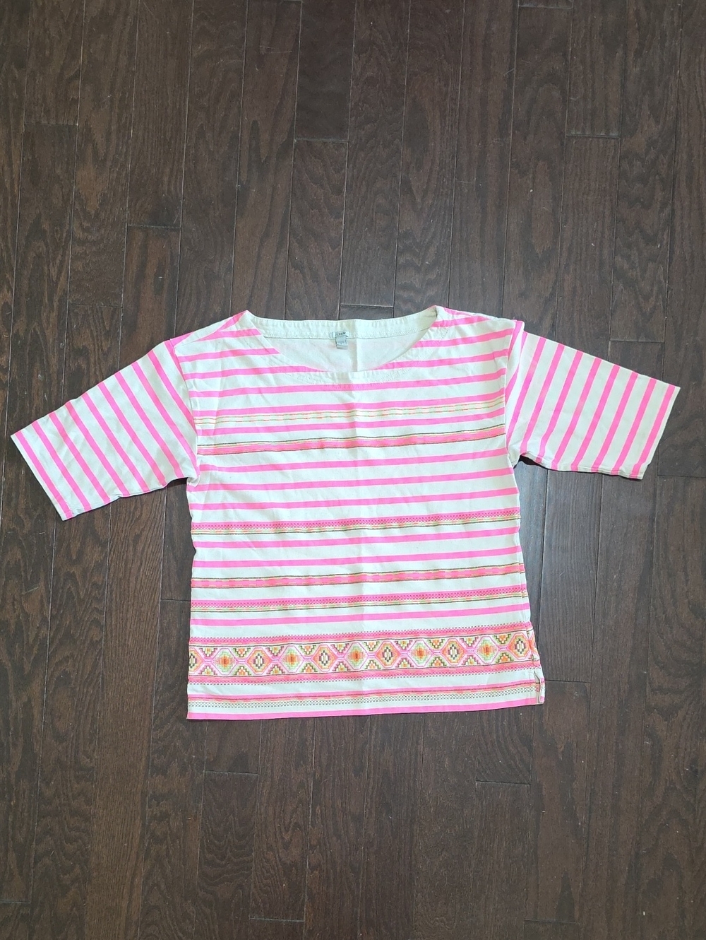J. Crew Pink & White Striped Short-Sleeve Tee with Embroidered Hem